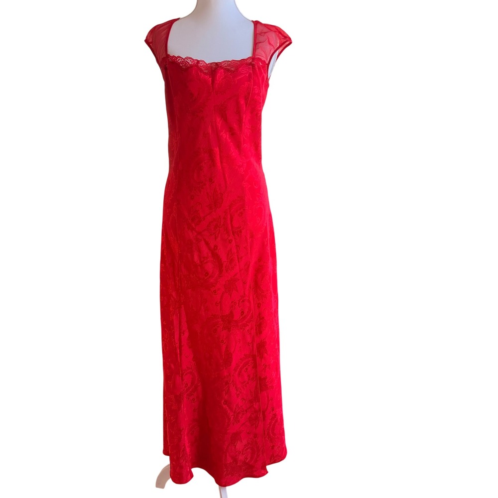 Vintage Victorias Secret Red Floral Jacquard‎ Maxi Slip Dress Mesh Back Large